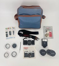 Asahi Pentax K1000 35mm SLR Film Camera Bundle Lenses Flash Bag
