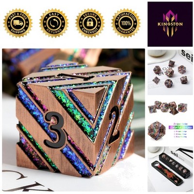 Complete 7-Piece DND Dice Set with Sparkling Stripe Design - Metal Case Included