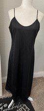 Vtg M 36 32" VASSARETTE Black Nylon FULL SLIP Retro SILKY Long Dress Scoop Neck