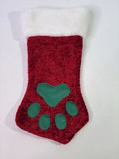 Plush Puppies Dog or Cat Paw Christmas Stocking Red Green White Fur 17"L x 9"W