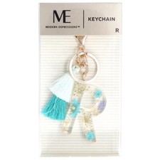 Modern Expressions Monogram Keychain Letter R Blue Floral with Pom Pom Tassel