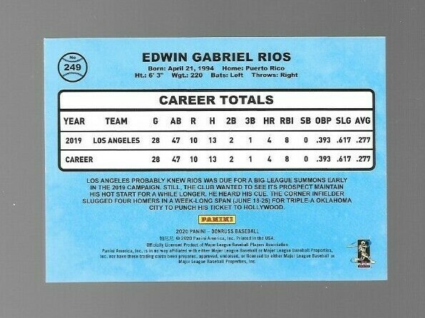 2020 Donruss Edwin Rios '86 Retro Rookie Card #249 Los Angeles Dodgers ...