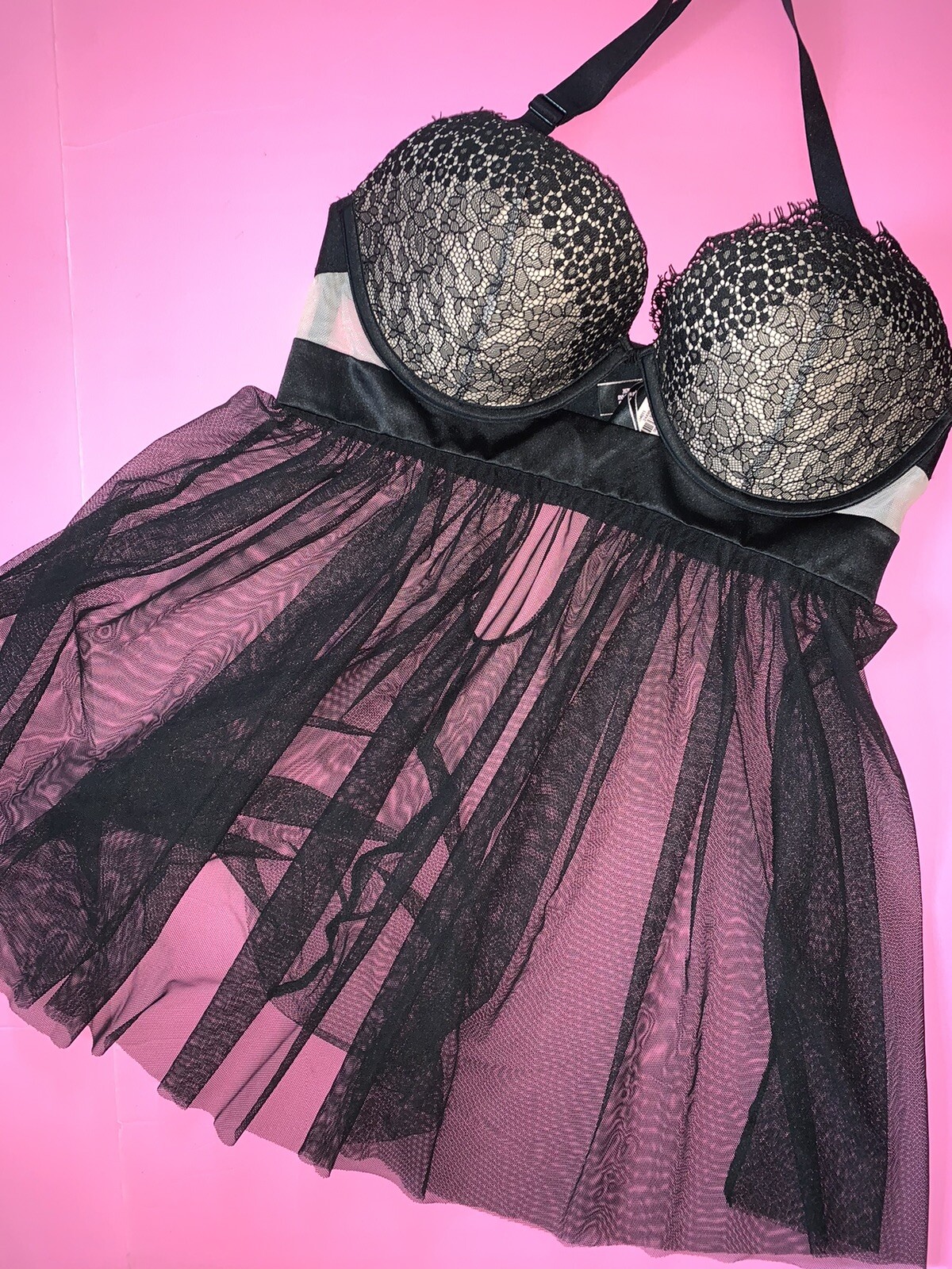 Victoria's Secret 34D BRA SET+S strappy thong+BABYDOLL+ROBE Black lace VERY SEXY image 6