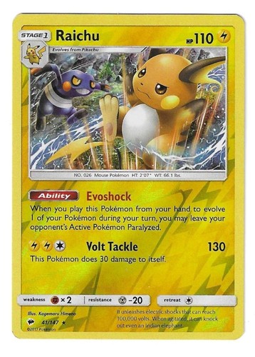 2017 Pokemon Raichu Reverse Foil Sun Moon Burning Shadows 41/147