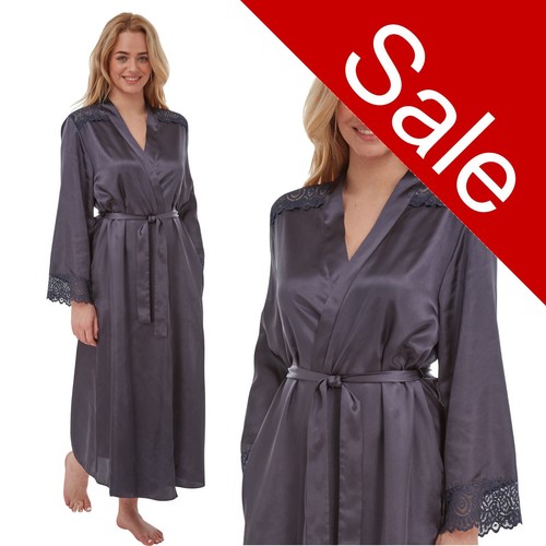 Grey Satin & Lace Full Length Dressing Gown Wrap Bath Robe Kimono 18 20 RRP £20! - Picture 2 of 2