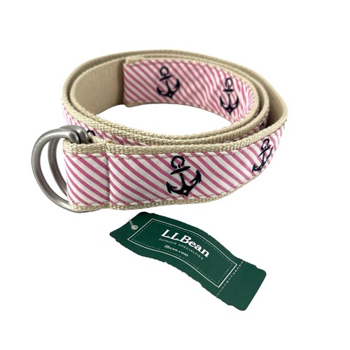 LL Bean Seaport Belt Womens Sz M/L Pink Anchor Beige Canvas Nautical D Hook