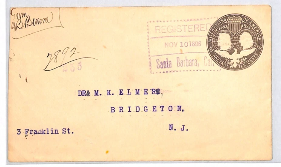 USA Stationery Cover 10c COLUMBUS Reg'd 1896 *Santa Barbara* California XU133 - Image 2 of 4