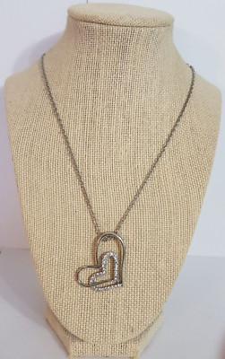 Vtg Spyra Silver Tone Double Hear Clr Rhinestone Necklace Estate Costume Fashion