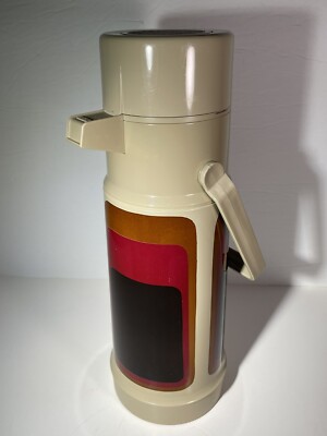 VTG 1970's Thermos 1L Touch Top Coffee Server Beige Geometric 2645 Pump Action