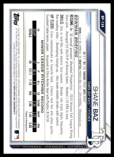 2018 Bowman Big League Breakthrough Shane Baz Pittsburgh Pirates #BL-SB - Picture 2 of 2