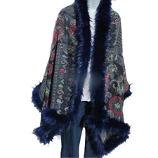 Yak+Sheep Wool Blend|Cape|Wrap|Handcrafted|Handloomed|Faux Fur|Blue / Light Blue
