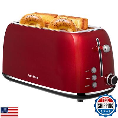 Roter Mond 4 Slice Toaster Retro Stainless Steel Toaster with Bagel, Cancel, 
