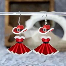 Christmas Red Dress Hat Long Drop Acrylic Earrings Women Holiday Gift New
