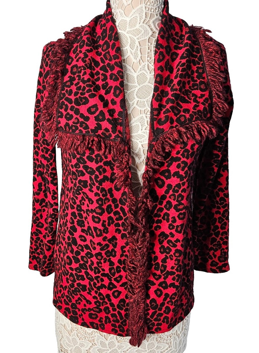 Chico's Size US M Red Black Animal Print Sweater Open Cardigan Fringe  Holiday