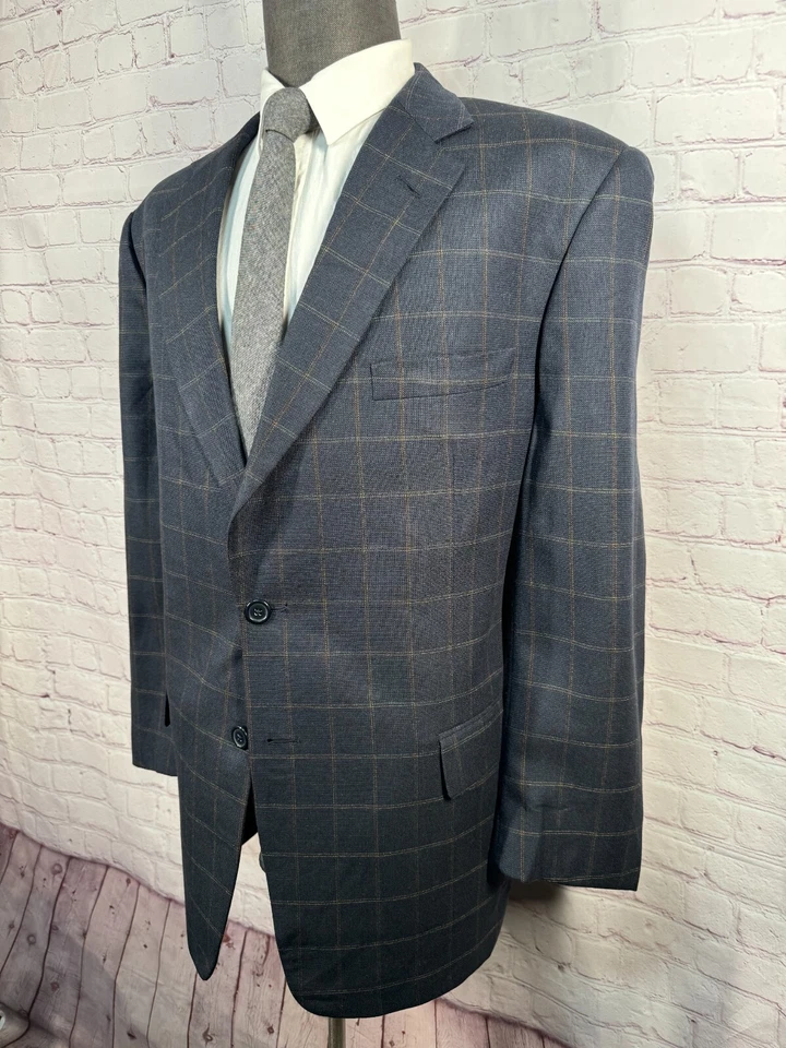 TALLIA UOMO Mens Navy Blue Overcheck SILK WOOL Blazer Sport Coat Jacket 46R - Image 2 of 4