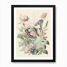 Butterfly In Garden Vintage Pastel  Framed Wall Art Poster Canvas Print Picture