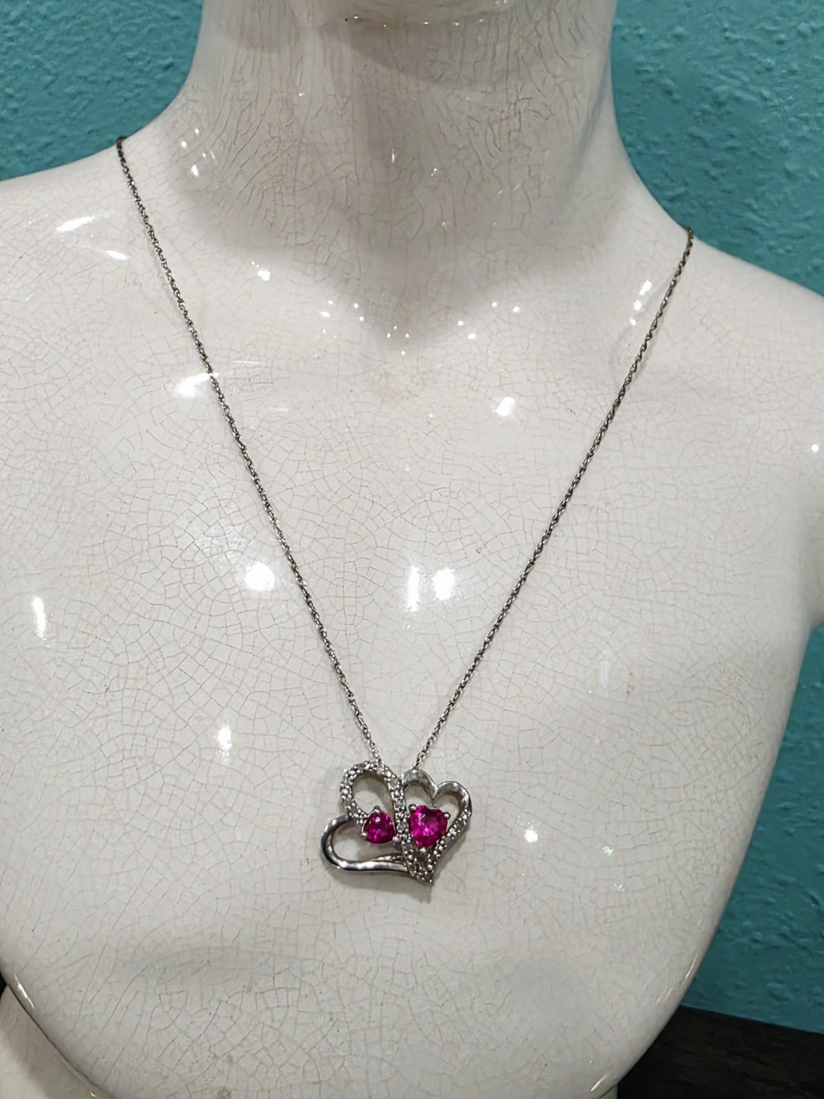 Sterling Silver Diamond & Ruby Double Heart Neckl… - image 9