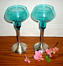 Vtg DUCHIN CREATIONS Weighted Sterling Silver CANDLESTICKS  w/Aqua Glass Shades