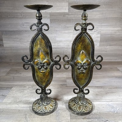 Pair Cast Iron Fleur De Lis Candle Holders Rustic Gothic 17.5  Tall Rare Unique
