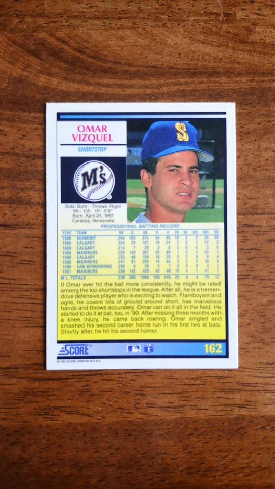 1992 Score - Omar Vizquel #162 Seattle Mariners MLB Card - Excellent Condition - Image 2 of 2