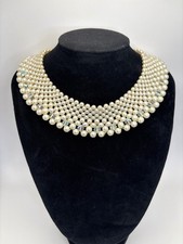 Vintage White Faux Pearl AB Crystal Collar Bib Choker 14 Necklace Estate Jewelr