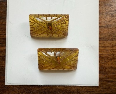 Matching Pair of Chunky Carved Transparent Amber Lucite Buttons 1950 s Nice!!