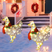 2 Pcs Light up Chicken with Scarf Christmas Decoration Metal Chicken Ornaments w