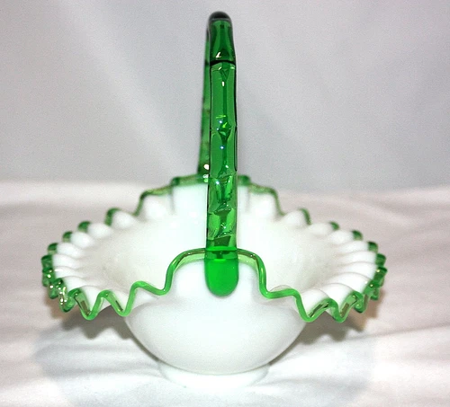 Vintage Fenton Pre Logo ~ Emerald Crest 7" Basket With Bamboo Handle