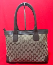 GUCCI canvas genuine leather bag tote large capacity brown