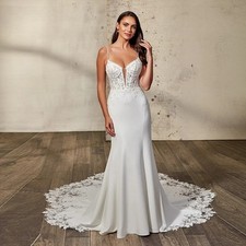 Elegant Satin Bridal Dress Button Spaghetti Straps Lace Appliques Sweep Train