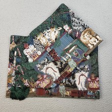VTG Christmas Cats Tapestry Table Runners (x2) Holiday Decor Tassels Presents