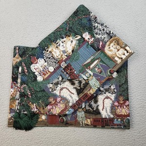 VTG Christmas Cats Tapestry Table Runners (x2) Holiday Decor Tassels Presents