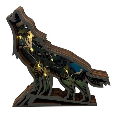 Handmade 3D Wooden Howling Wolf LED Light Decor   Layered Wood Night Scene