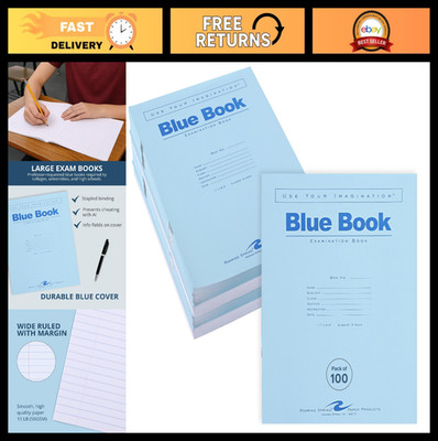 100 Exam Blue Books - 11''x8.5'', Wide-Ruled, 4 Sheets/8 Pages, Student Test Bookl