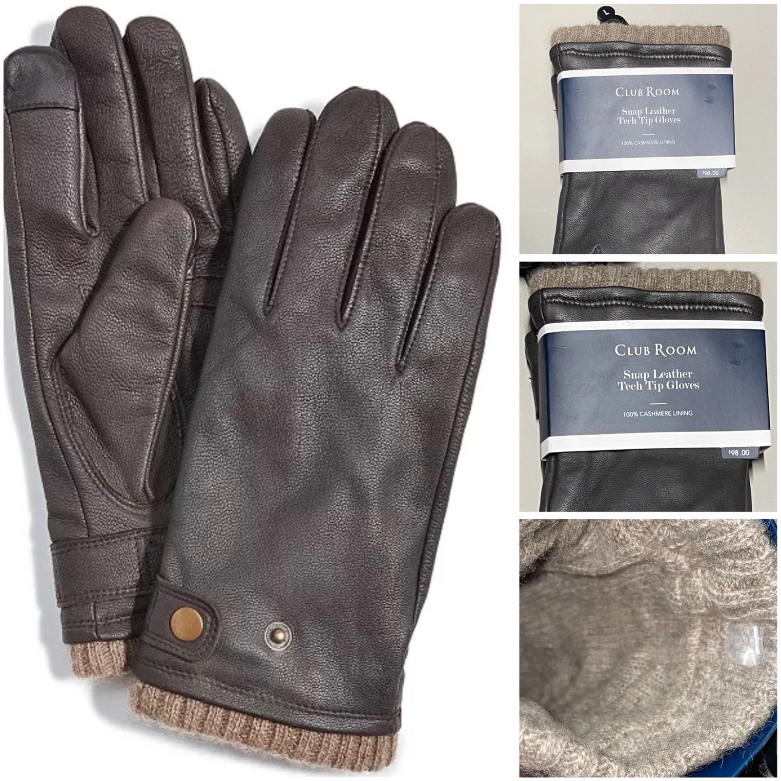 Club Room Small Men's Snap Leather Cashmere Lined Tech Tip Gloves Brown -New NWT