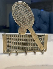 Small Tennis Sport Racket Solid Brass Wall Mount Key Rack Holder Tennis