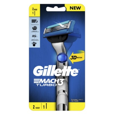 Gillette Mach 3 Turbo Shaver Handle Razor 3D Motion + 2 Refill Blades Cartridges