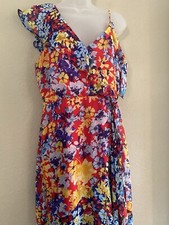 Lulu's Floral Chiffon Multicolor Ruffle Cold Shoulder Maxi Dress Sz M