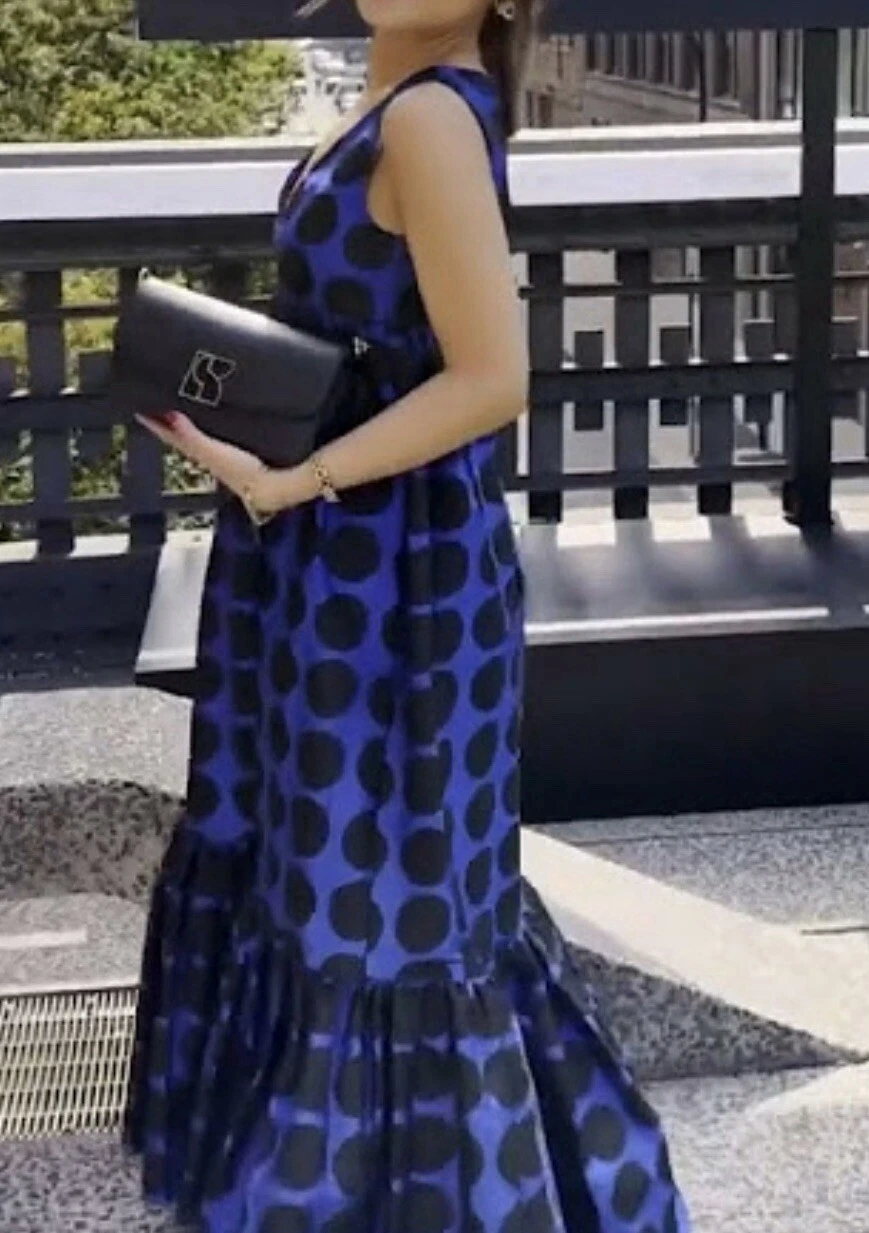 Mini abito Kate Spade scollo a V senza maniche a pois artistico nero blu taglia 4