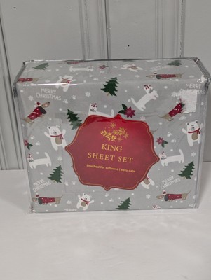 King Sheet Set Merry Christmas Trees Bears Cats Dachshund Wiener Dog 4 Piece Set