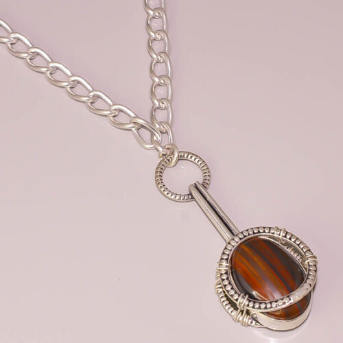 Natural Iron Tiger's Eye Gemstone Jewelry 925 Sterling Silver Plated Necklace