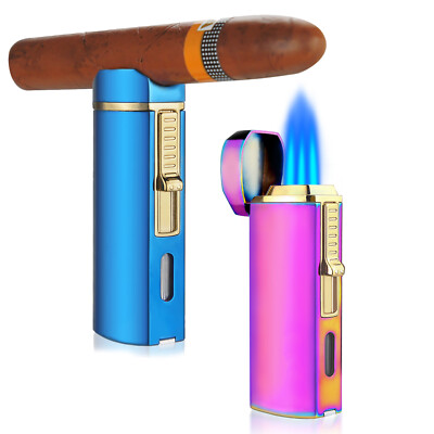 3in1 Triple Jet Flame cigar lighter Fuel Visible Refillable Gas Lighter w/  stand
