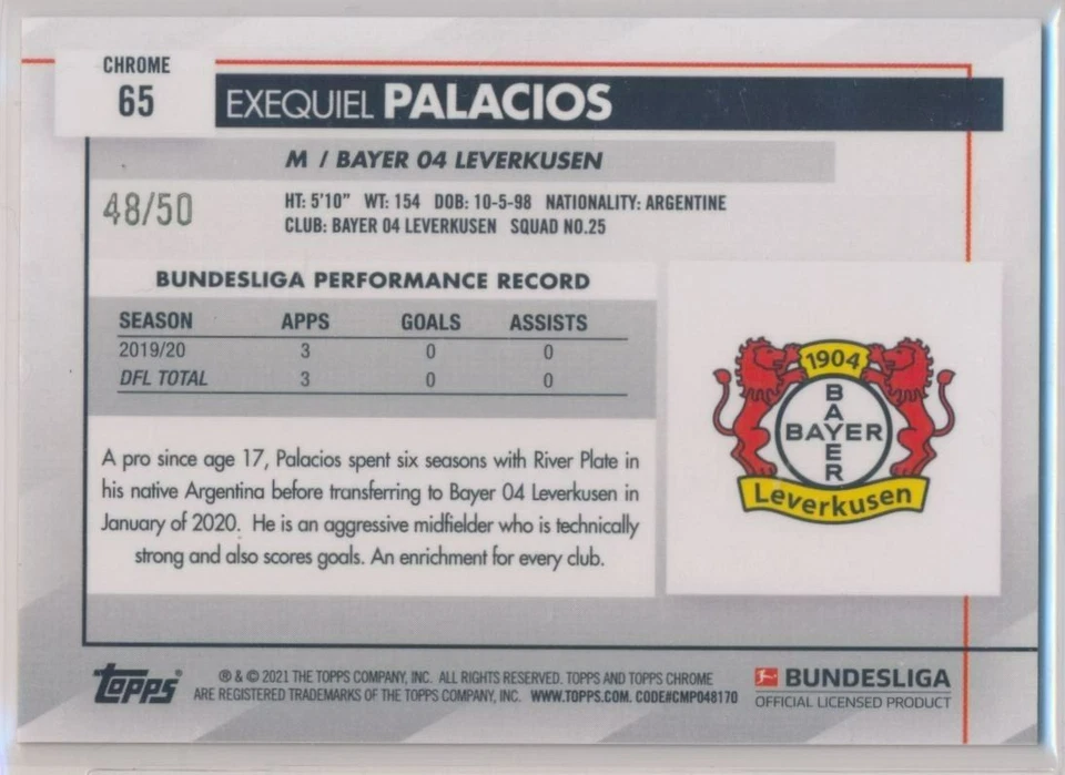 2020-21 Topps Chrome Bundesliga 65 RC Rookie Gold Sapphire Exequiel Palacios /50 - Image 2 of 2