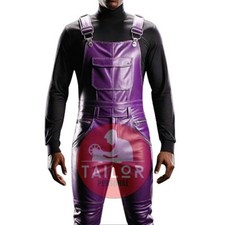Mens Genuine Soft Leather Purple Bib Overall Dungaree Jumpsuit Suit Uniform Mans