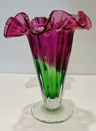 Vintage Hand Blown Cranberry/ Green Glass Trumpet Vase Ruffle Fenton Like Art