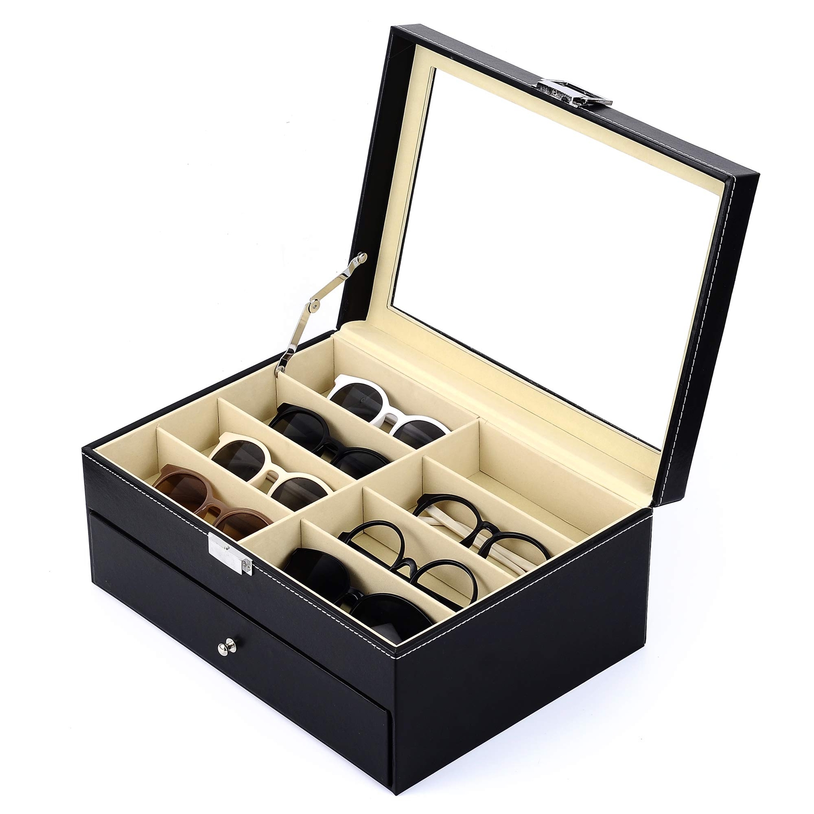 Siveit 16 Slot Sunglass Organizer Leather Eyeglasses Collector Eyewear Displa...