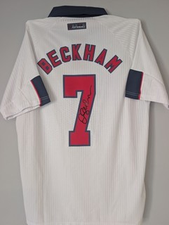 Maglia calcio David Beckham firmata Inghilterra 1998 taglia grande autografo stampato