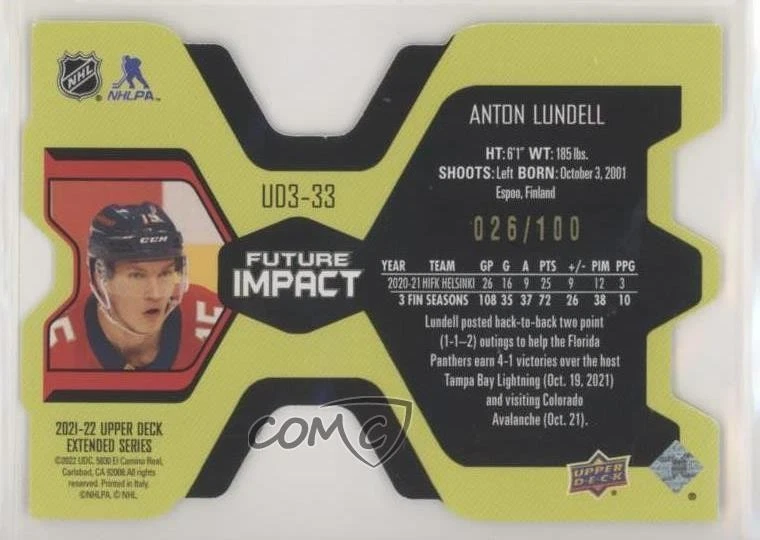 2021-22 Upper Deck Extended Series UD3 Gold /100 Anton Lundell #UD3-33 Rookie RC - Image 2 of 2