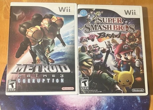 Super Smash Bros. Brawl and Metroid Prime 3 Corruption Wii 2 Game Lot.
