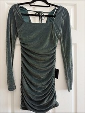 Lulus Sexy Sparkly Green Long Sleeve Open Back  Ruched Mini Dress Sz Small NWT